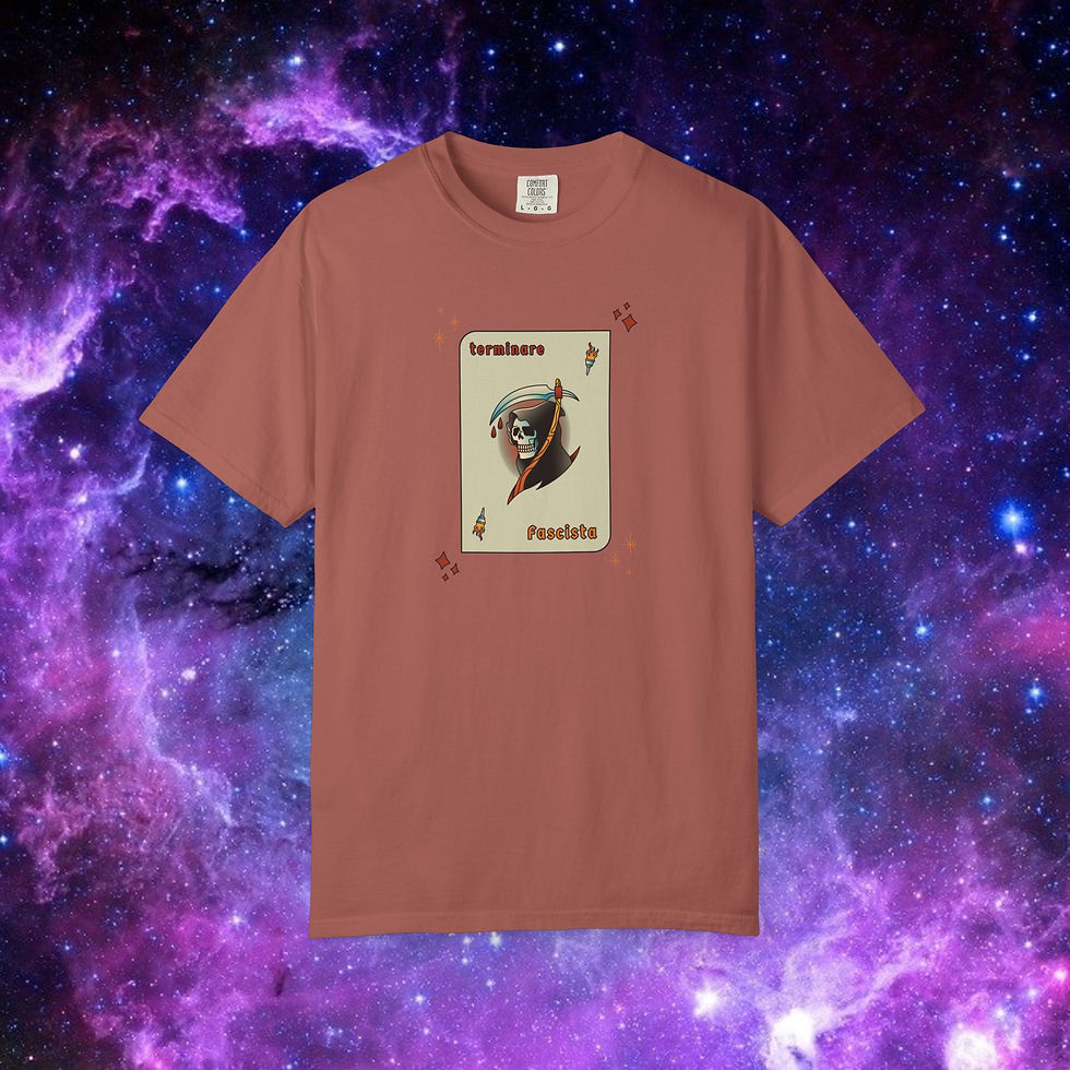 Thumbnail: Terracotta shirt with card graphic. 