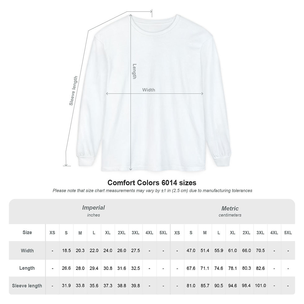 Thumbnail: White long-sleeve shirt with Comfort Colors 6014 sizes chart, Japanese Kanji Shirt, My Site 1
