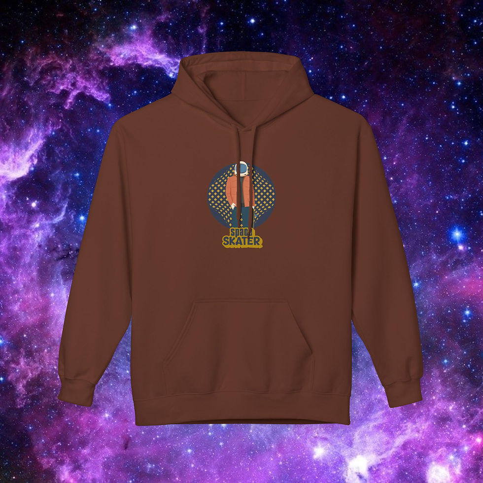 Thumbnail: Brown hoodie with Space Skater graphic and galaxy background. Retro "Space Skater" Skateboarder Fleece Hoodie, Skate Style, Gift for Skaters