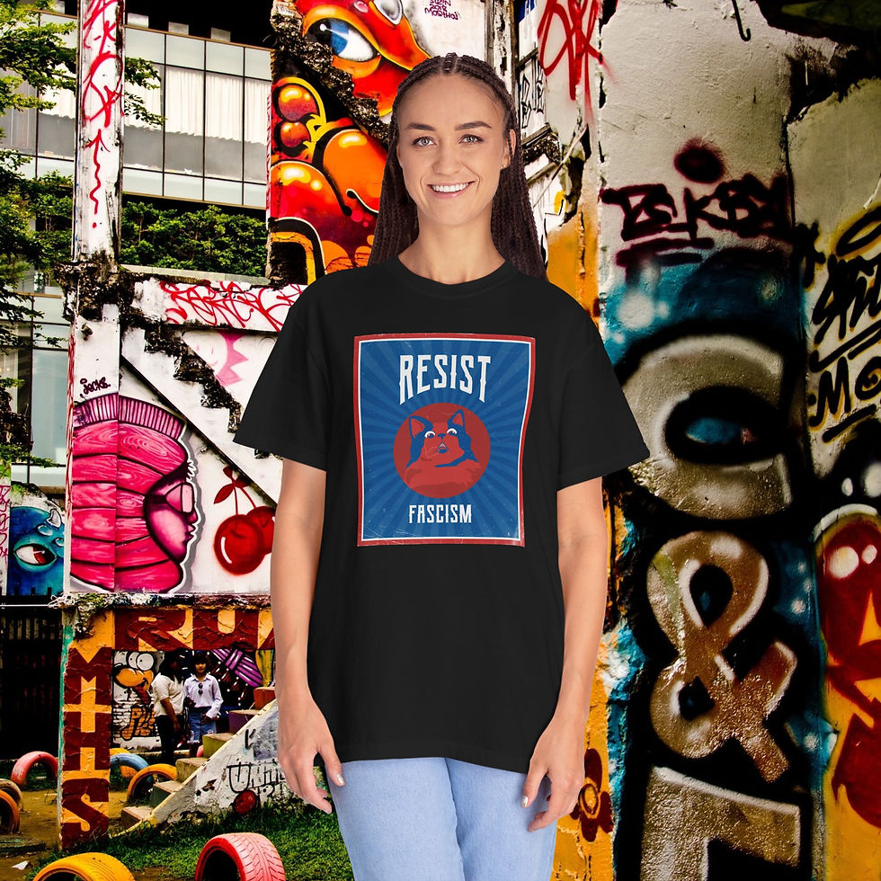 Thumbnail: Woman wearing "Resist Fascism" t-shirt smiling, graffiti background, My Site 1