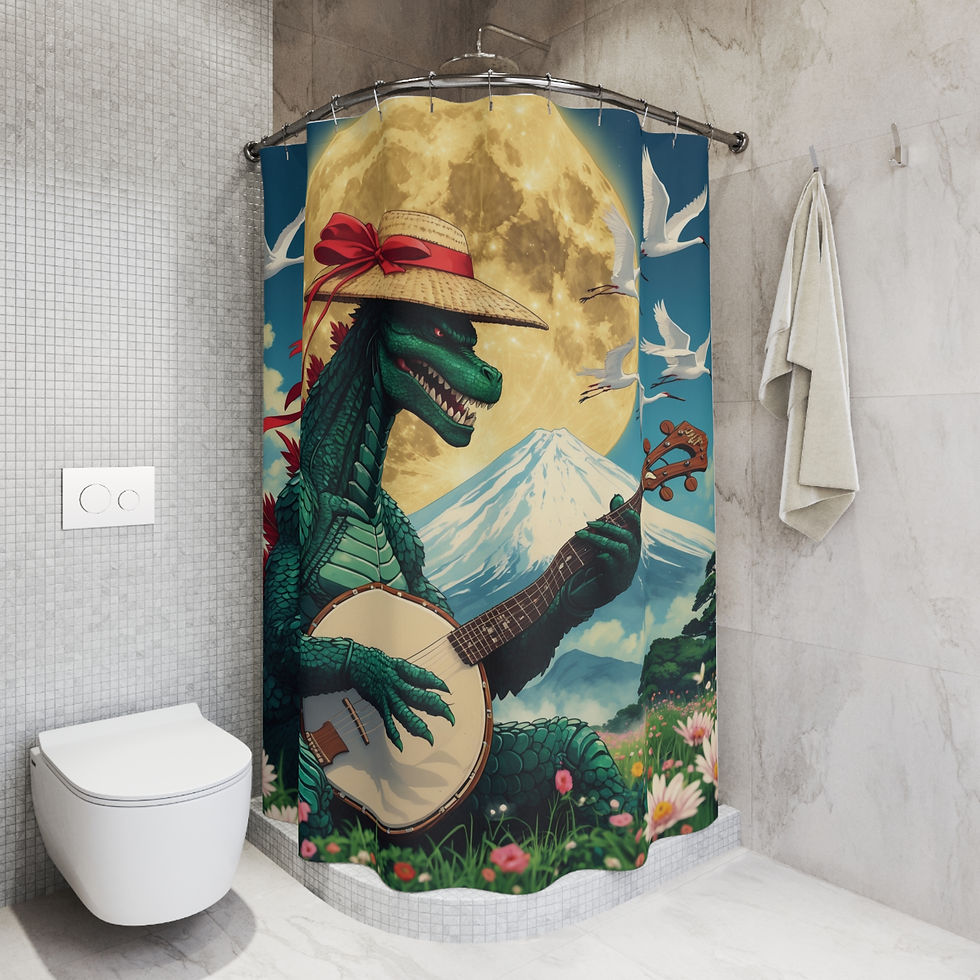 Thumbnail: Amazing Godzilla Moonrise Banjo Jam II Shower Curtain, Japanese Bath Art, Gift