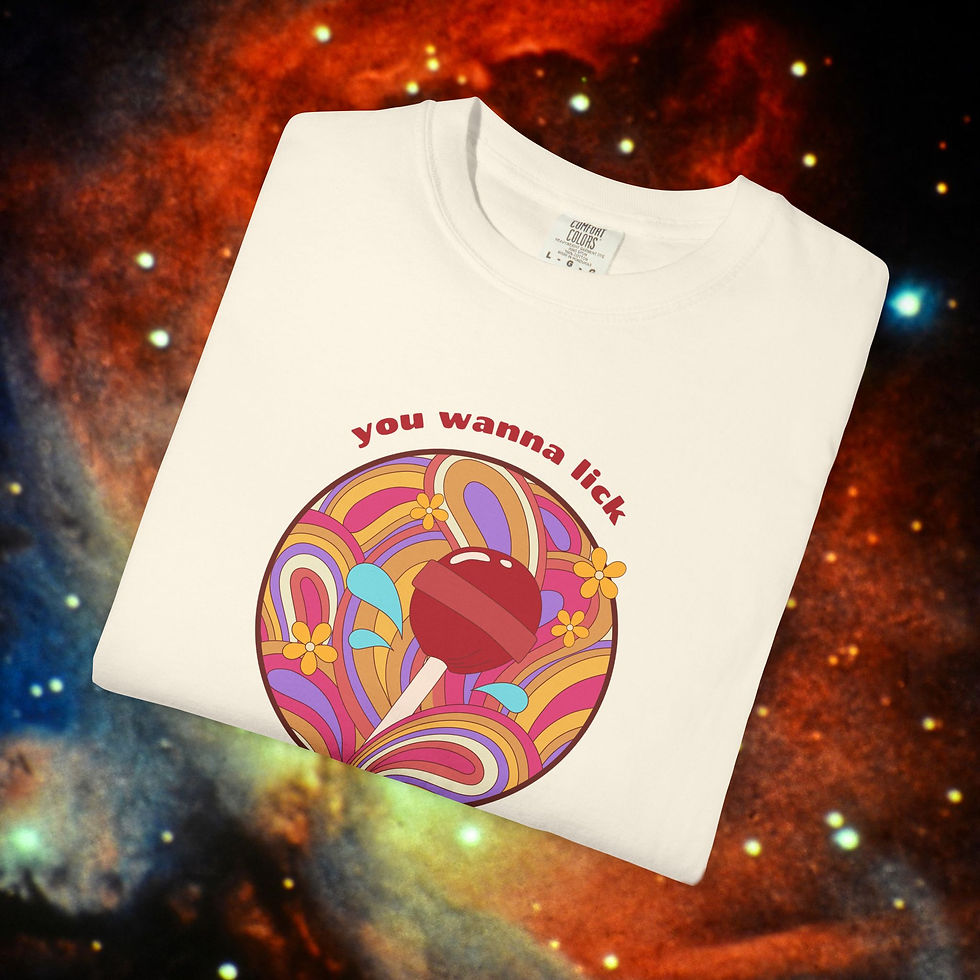 Thumbnail: White t-shirt with design: "You wanna lick" Fun Retro '70s Unisex Tee, My Site 1