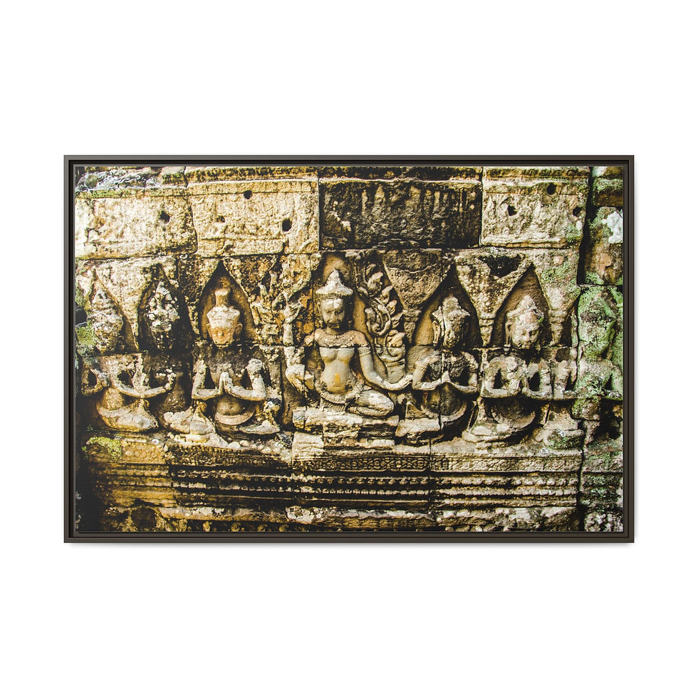 Thumbnail: Buddha & Disciples Stone Carving 32" x 48" Framed Canvas Print, Khmer Art, Gift 