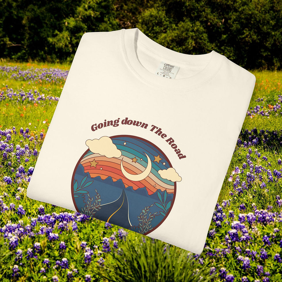 Thumbnail: White t-shirt with "Going Down The Road" illustration on a field. My Site 1