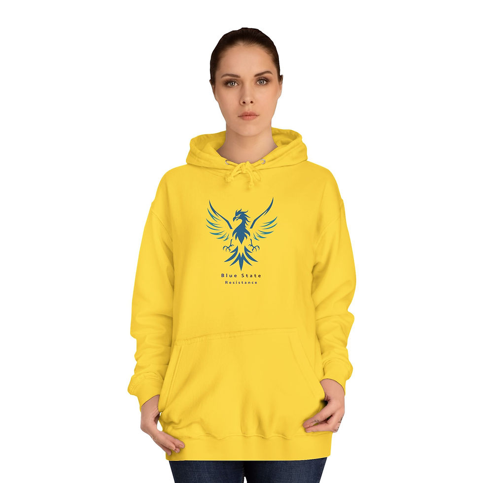 A woman modeling a gold hoodie that has a blue Phoenix with spread wings on the front, and the words "Blue State Resistance" under the bird.