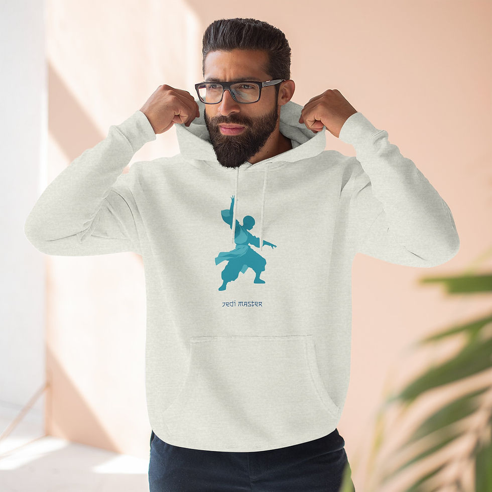 Thumbnail: Man in white hoodie, blue art design. Truly Unique "Very Dosed" Garment-Dyed Cotton Tee.