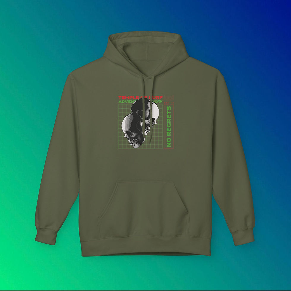 Thumbnail: Olive green hoodie with skull graphic, text reads 
