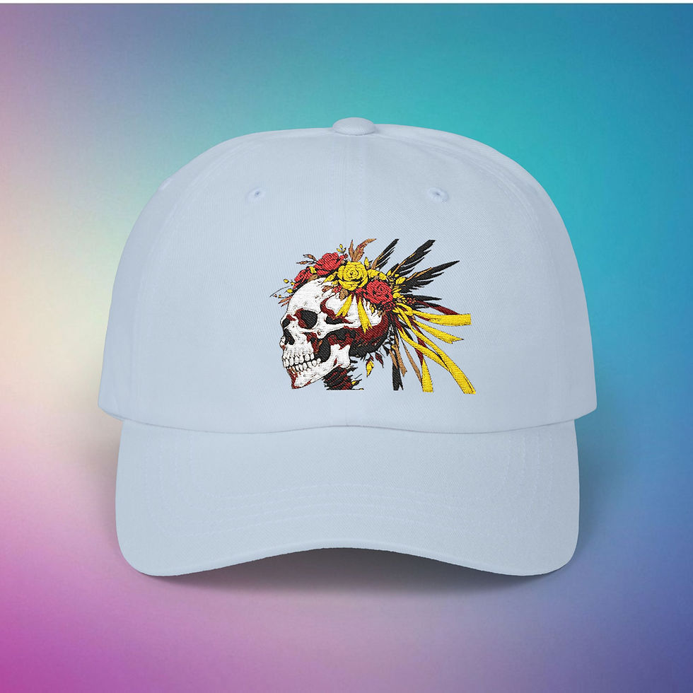 Light blue cap with skull design and flowers, feather details. My Site 1