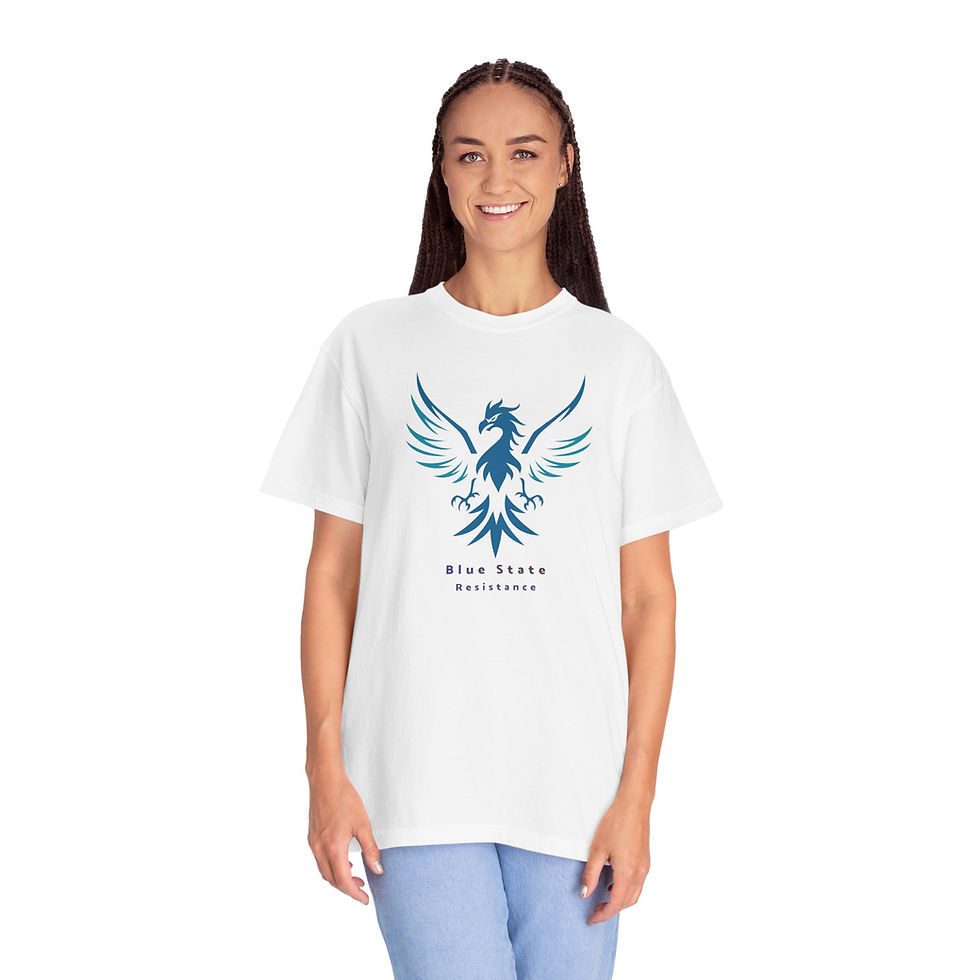 Woman wearing white Rise Strong Enterprises tee with blue phoenix logo