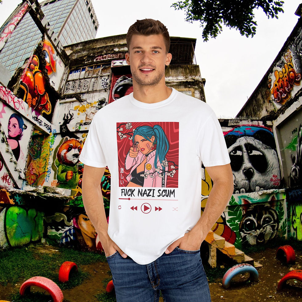 Thumbnail: Man wearing "FUCK NAZI SCUM" graphic shirt, surrounded by graffiti, My Site 1