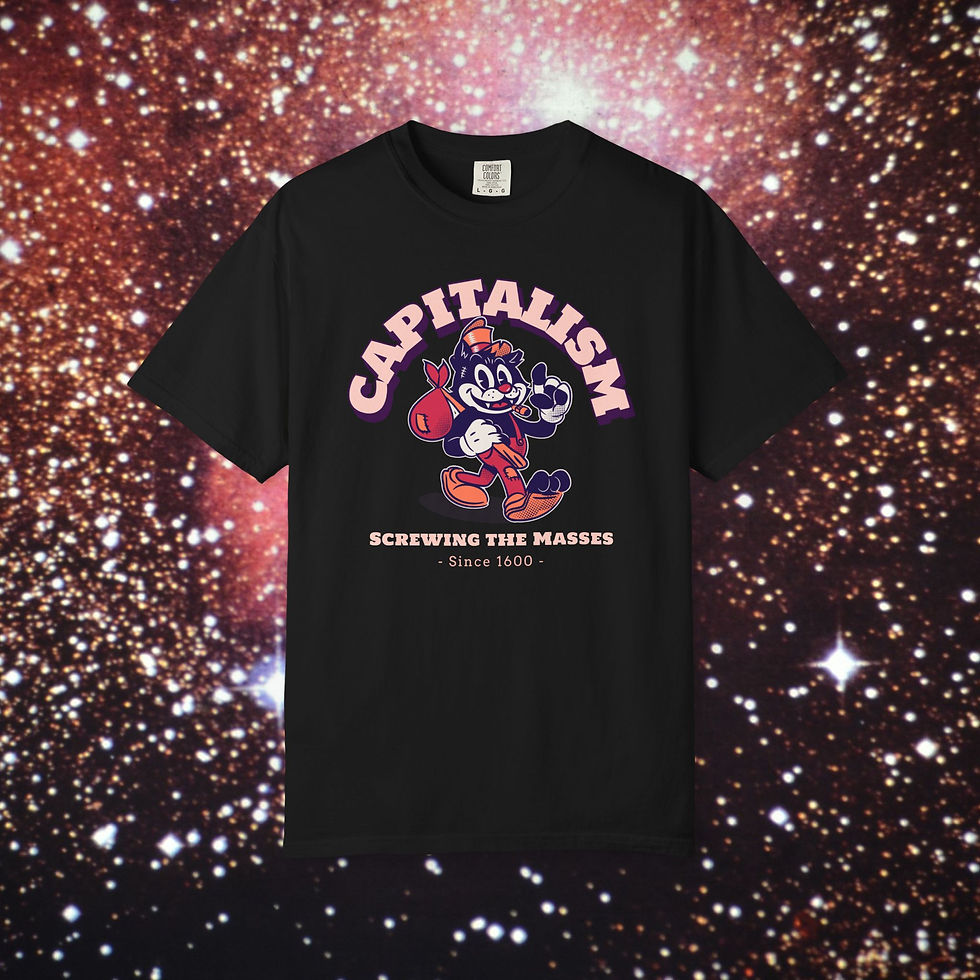 Thumbnail: Black Capitalism T-shirt graphic with text, screwing the masses since 1999. Unisex Gift. My Site 1