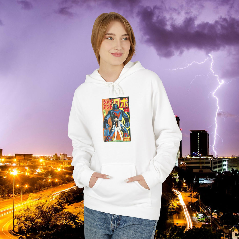 Thumbnail: Woman wearing white hoodie with artwork, cityscape background and lightning.