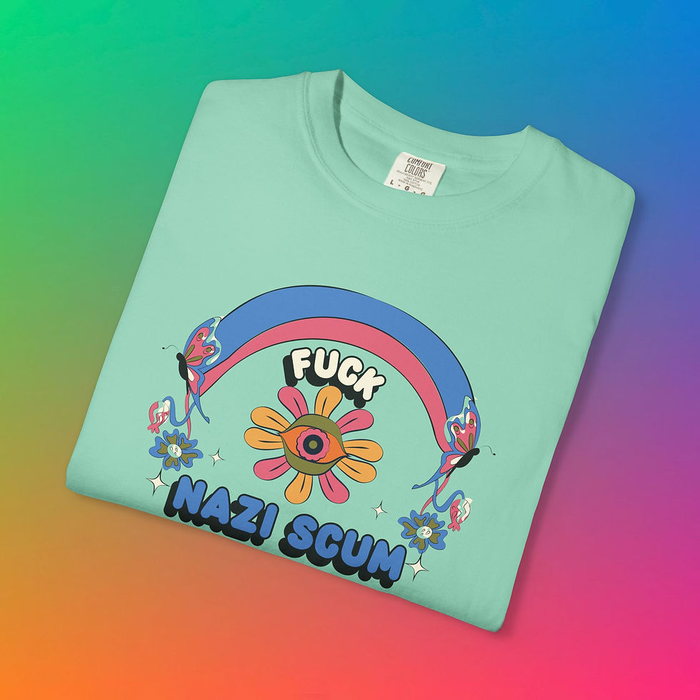 Thumbnail: Green shirt with a rainbow says, Fuck Nazi Scum, unisex t-shirt. My Site 1