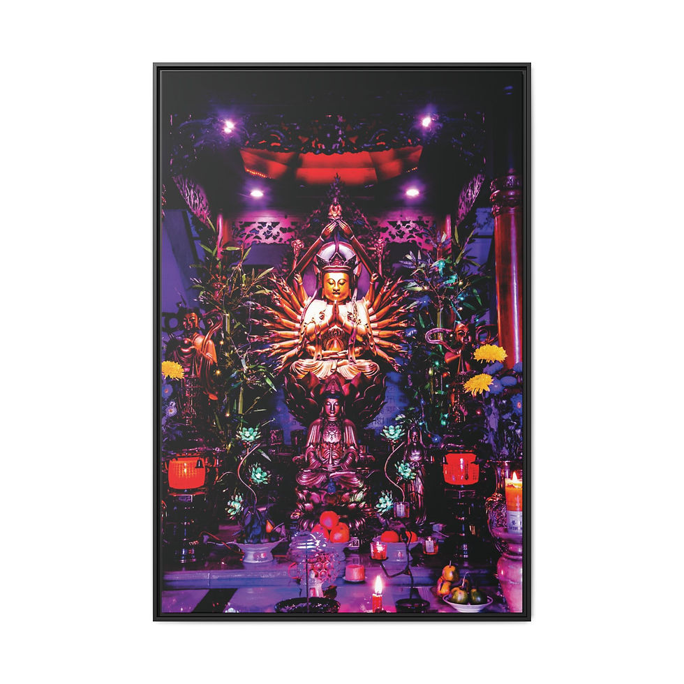Buddha statue inside a temple. Vibrantly Colored Brahma Faces 40" x 60" Framed Canvas Print, Khmer Art, Gift. My Site 1