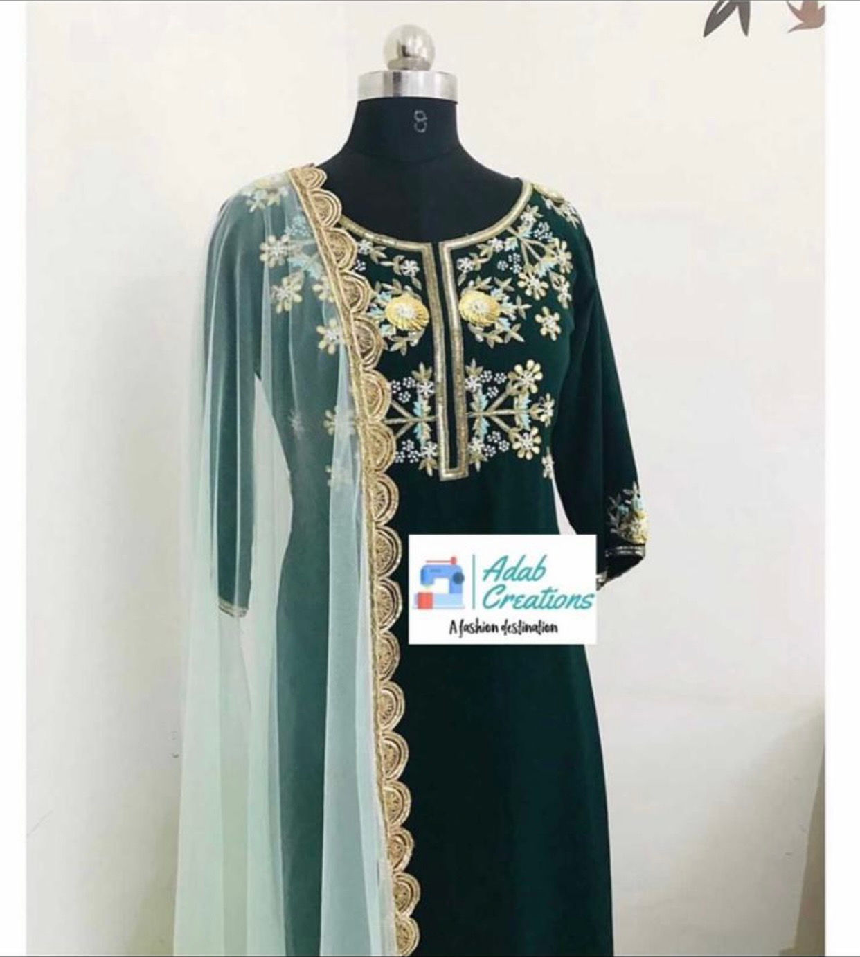 Velvet Embroidered Suit  , Net Dupatta With Stitching 