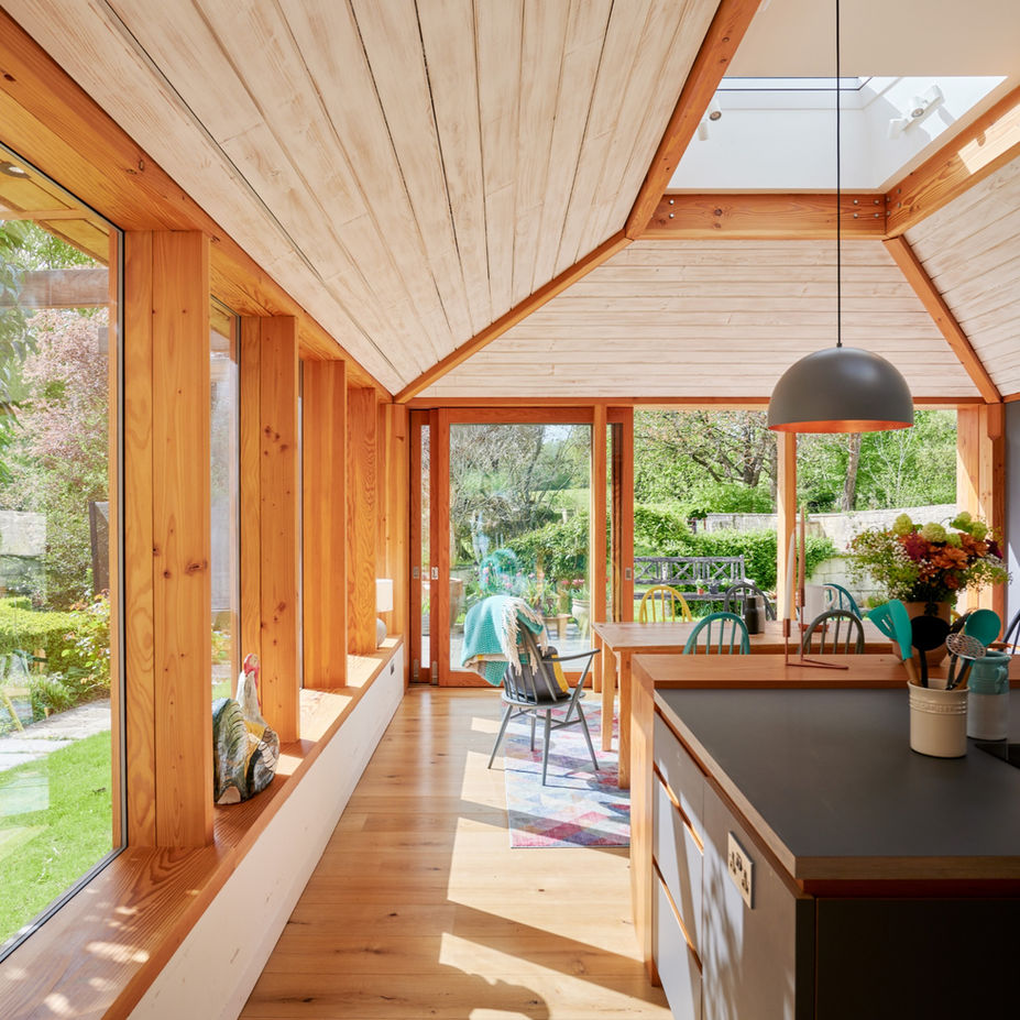 Modern timber frame family room in Wiltshire, designed by Matthew Clay Architects