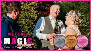 ACMAGIC making a bride and groom laugh at their drinks reception