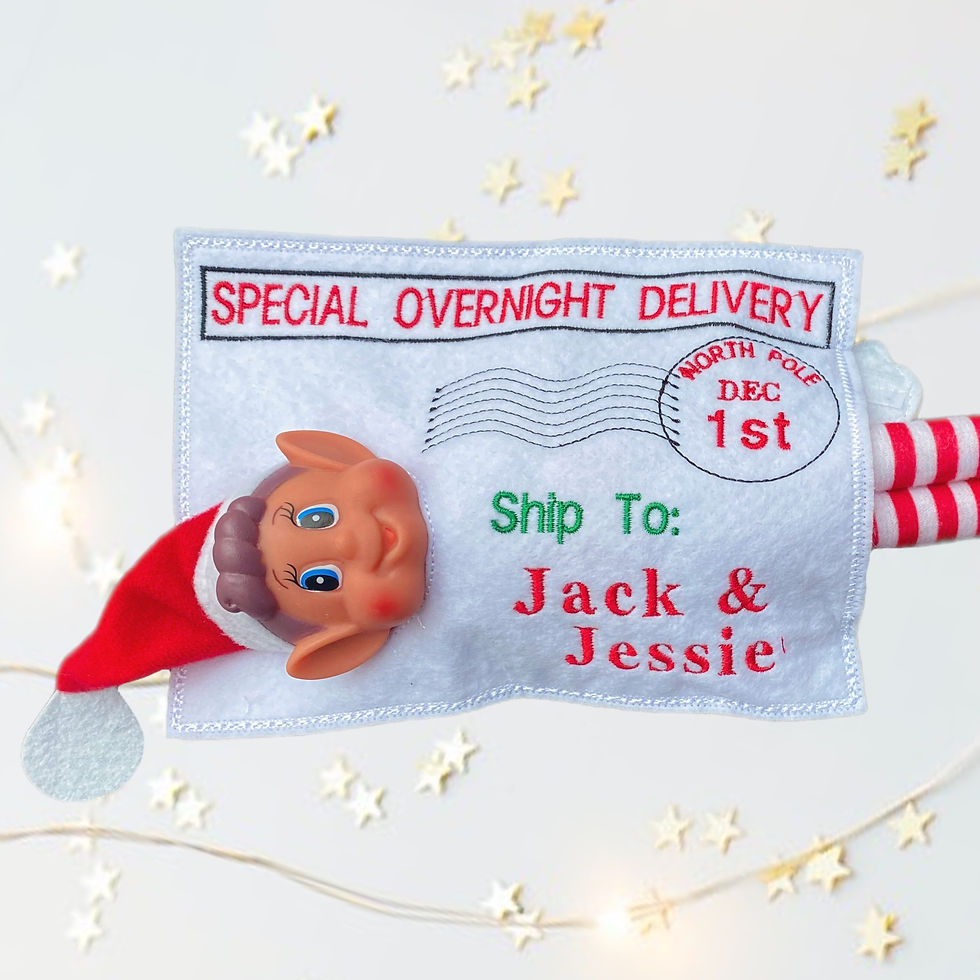 Thumbnail: Personalised Embrodiered Elf Arrival Envelope with elf in it and childrens names embroidered