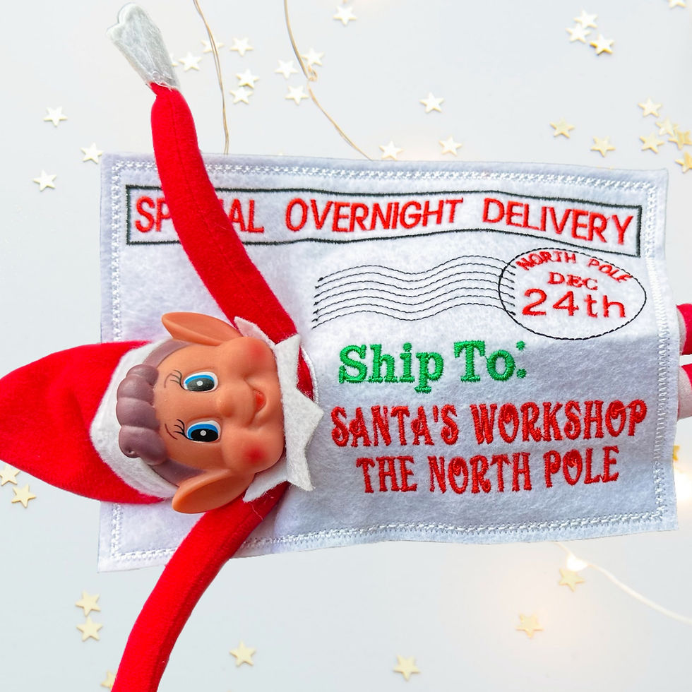 Christmas Elf Embroidered Felt Return To THe North Pole Envelope showing how the elf fits into the envelope