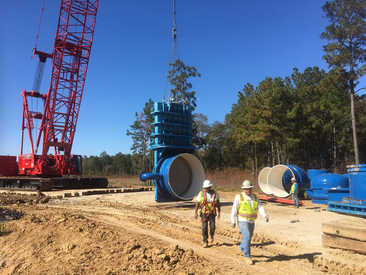 Dual 96-inch pipelines under construction.