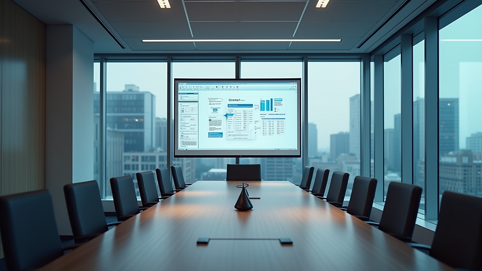 Eye-level view of a modern office meeting room with a digital project plan on screen