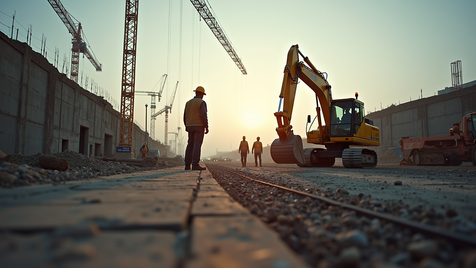 Eye-level view of a construction site with workers and machinery