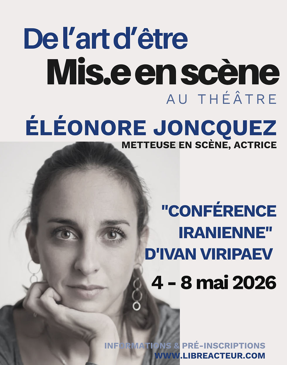 Travail sur le texte (fil conducteur de la semaine)
Chaque stagiaire choisit le passage d'un personnage qu'il souhaite interpréter. Sans avoir à apprendre une intervention complète (pouvant aller jusqu'à 10 pages), il est demandé de connaître un extrait suffisamment conséquent pour traverser les mouvements de pensée du personnage. Il sera aussi possible, texte en main, de travailler d'autres extraits et d'autres personnages. Le jeu sans brochure est privilégié pour permettre la liberté d'exploration avec le corps et les mouvements.

Travail collectif
Exploration de l'écoute entre les intervenants : comment chacun écoute les autres, acquiesce ou bouillonne, finit parfois par intervenir. Travail sur les postures d'attente, la traduction des sentiments sans parole, l'écoute active, pour rendre la conférence vivante et pleine d'humour.

Propositions musicales et corporelles
Des temps de travail en musique avec les corps, avec ou sans le texte, pouvant aller jusqu'à des mouvements chorégraphiques. Collectivement ou individuellement, à l'intérieur du travail d'un texte ou entre deux interventions. Ces propositions permettent de laisser respirer et infuser le texte, et de le traduire par d'autres moyens que le théâtre permet.