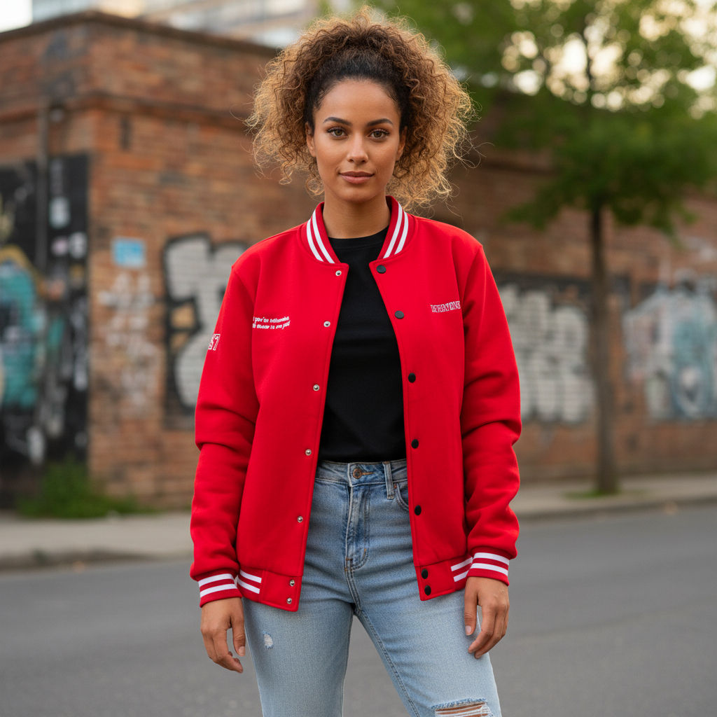 DETERMINED Varsity Jacket in Red & White