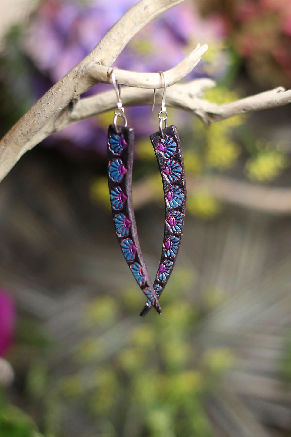 Thumbnail: Black Purple and Blue Curved earrings | Handmade Leather Earrings | Beara Belts