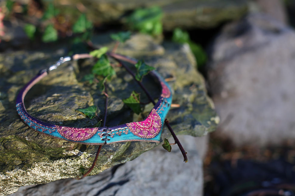 Thumbnail: Turquoise and Pink Torc | Unique Tribal Look | Handmade leather necklace