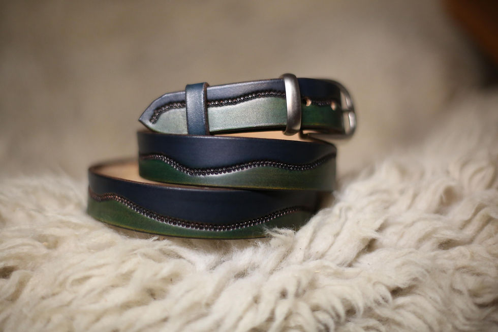 Thumbnail: Navy and Green Wave Belt Hand Tooled, 1" (25mm) wide, XT25-028