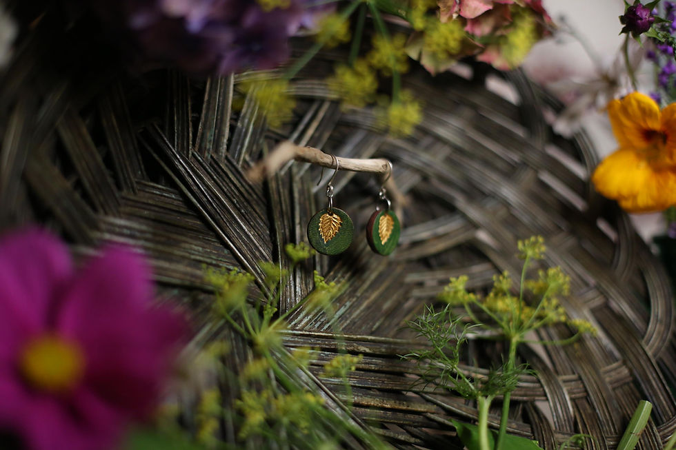 Thumbnail: Green  Gold Leaf  earrings | Handmade Leather Earrings | Beara Belts