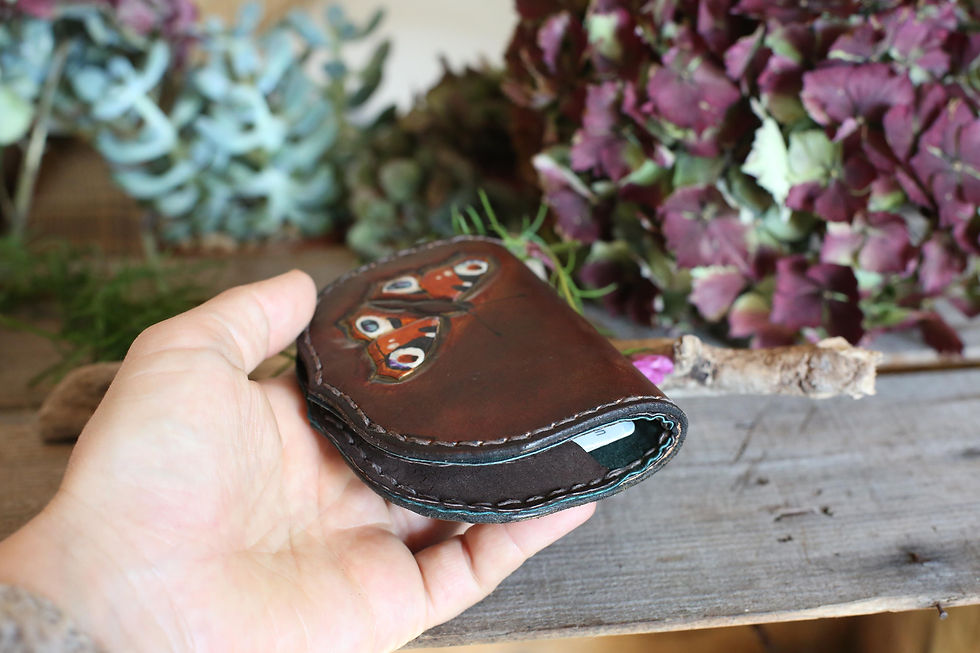 Thumbnail: Peacock butterfly porte monnaie | Handtooled | Handpainted | Beara Belts Leather