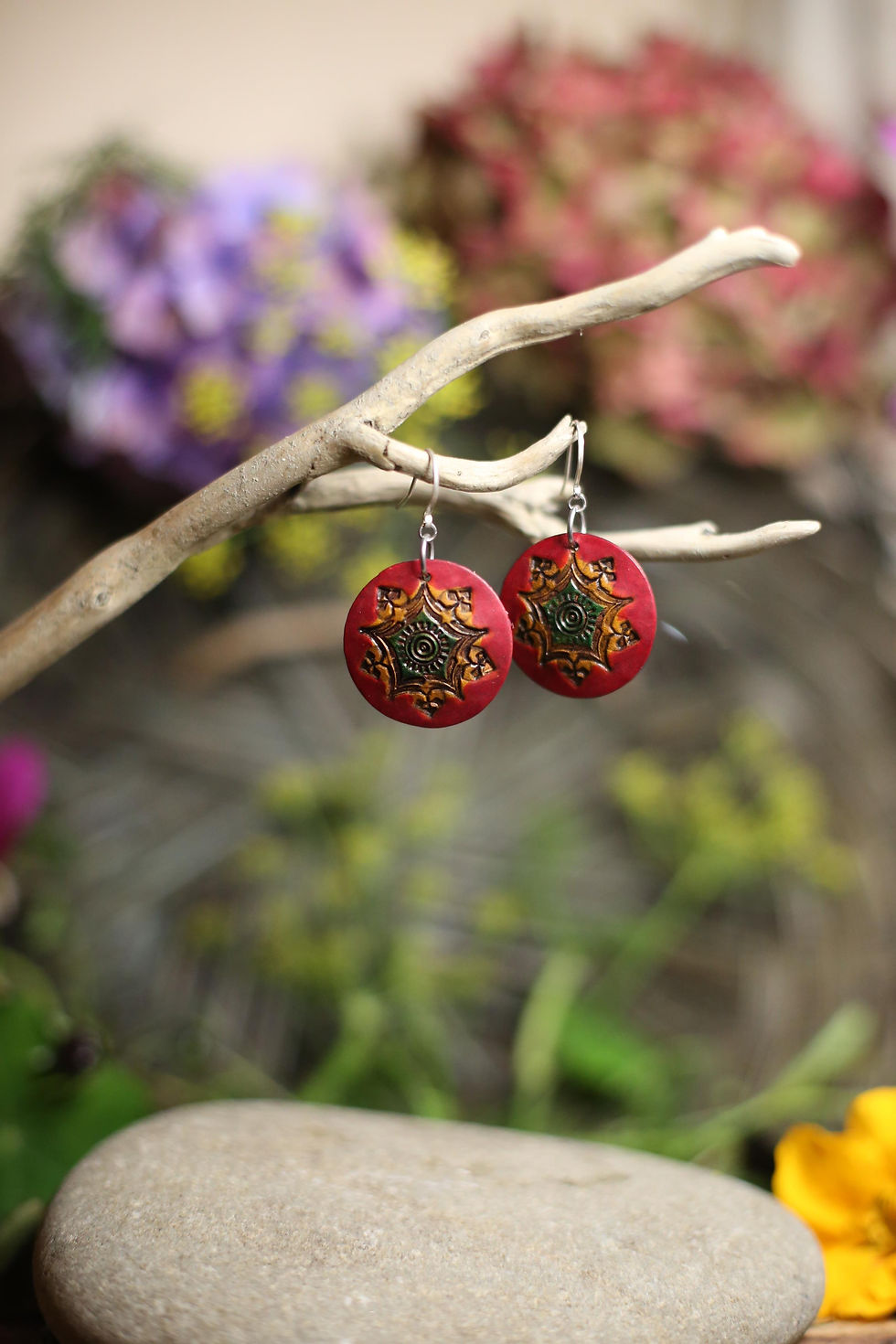 Thumbnail: Green Yellow and Red Shield Earrings | Handmade Leather Earrings | Beara Belts