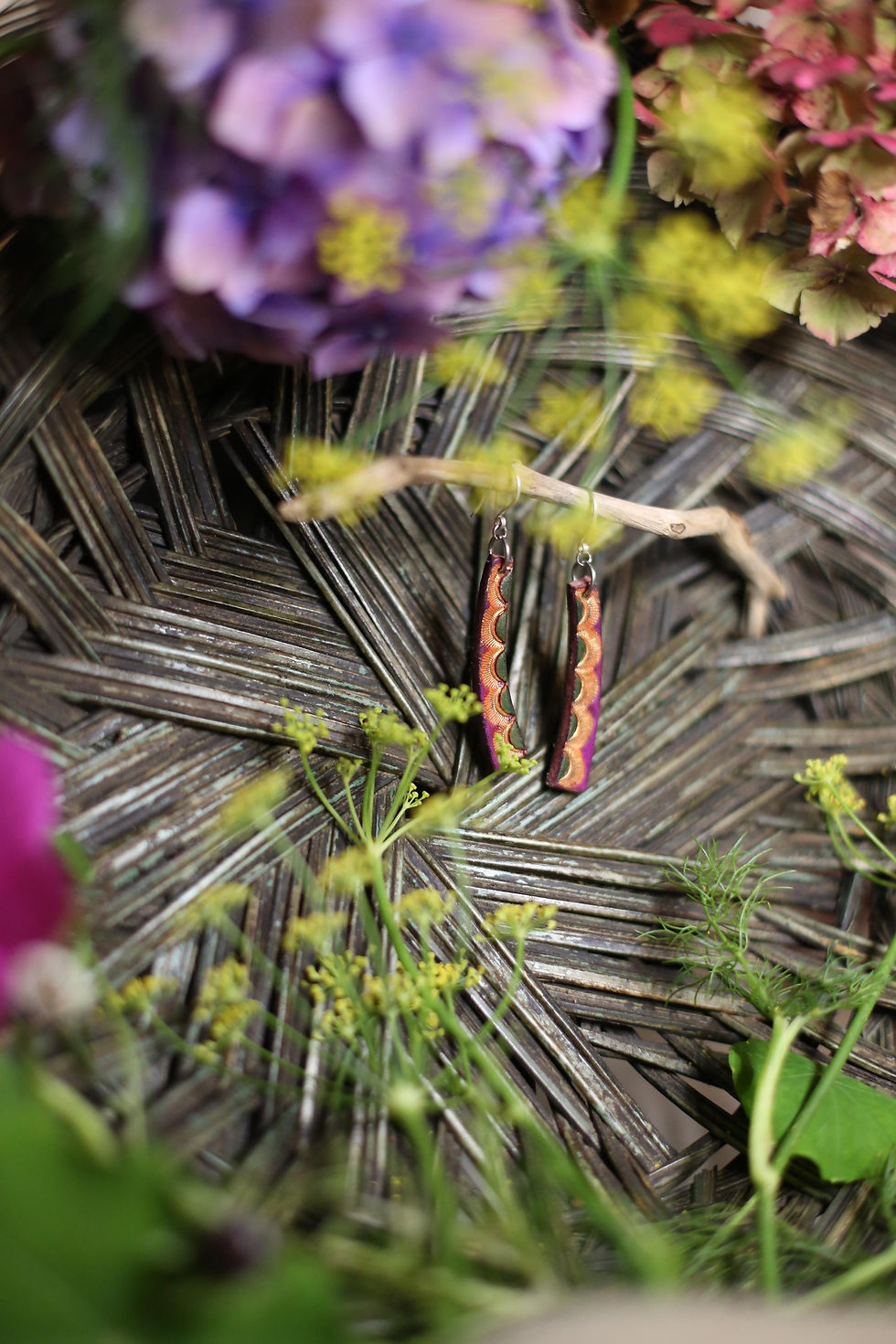 Thumbnail: Green Gold Purple Curved earrings | Handmade Leather Earrings | Beara Belts
