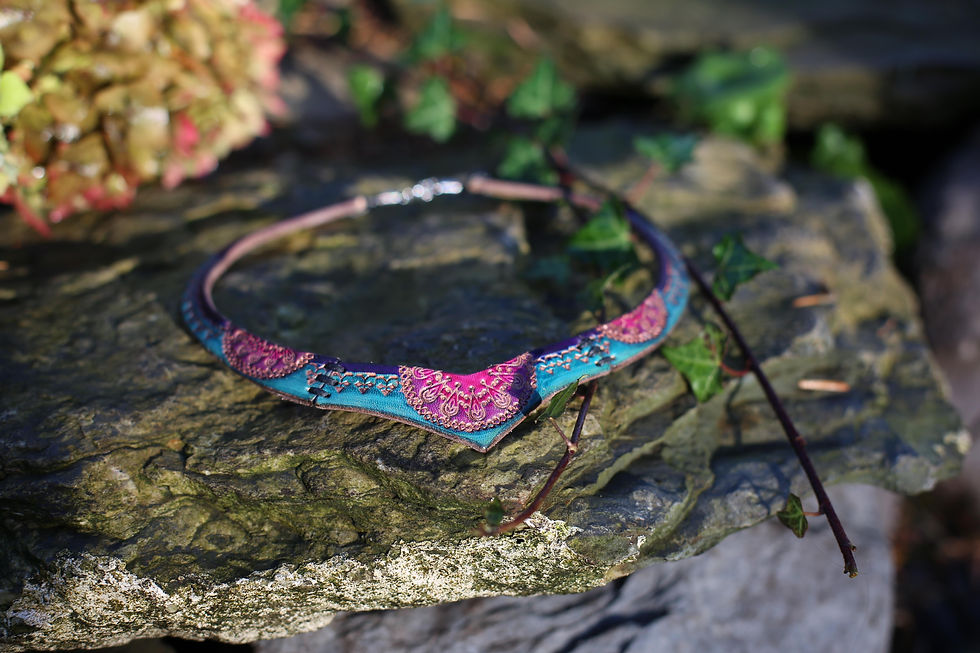 Thumbnail: Turquoise and Pink Torc | Unique Tribal Look | Handmade leather necklace