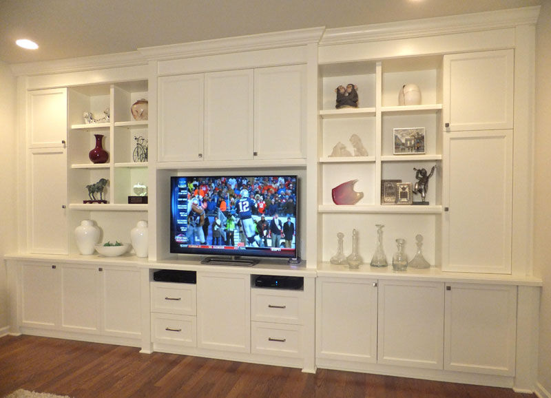 Modern Family Room Unit with Storage & Display Cubbies, TV, Audio Visual Hidden Storage, built-in cubbies, cabinets, painted hard wood
