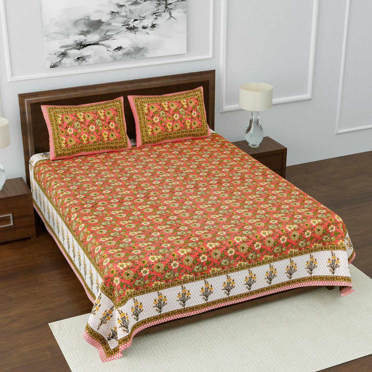 Pink Pure Cotton Block Printed Jaal Bedcover