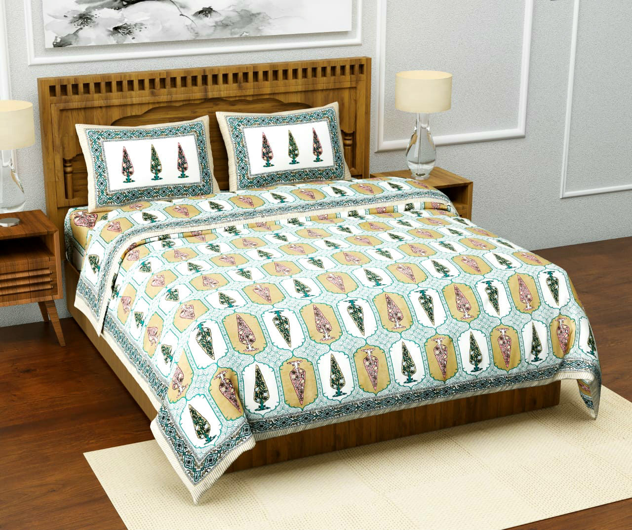Cypress jaal Cotton Block Printed Bedcover - Super King