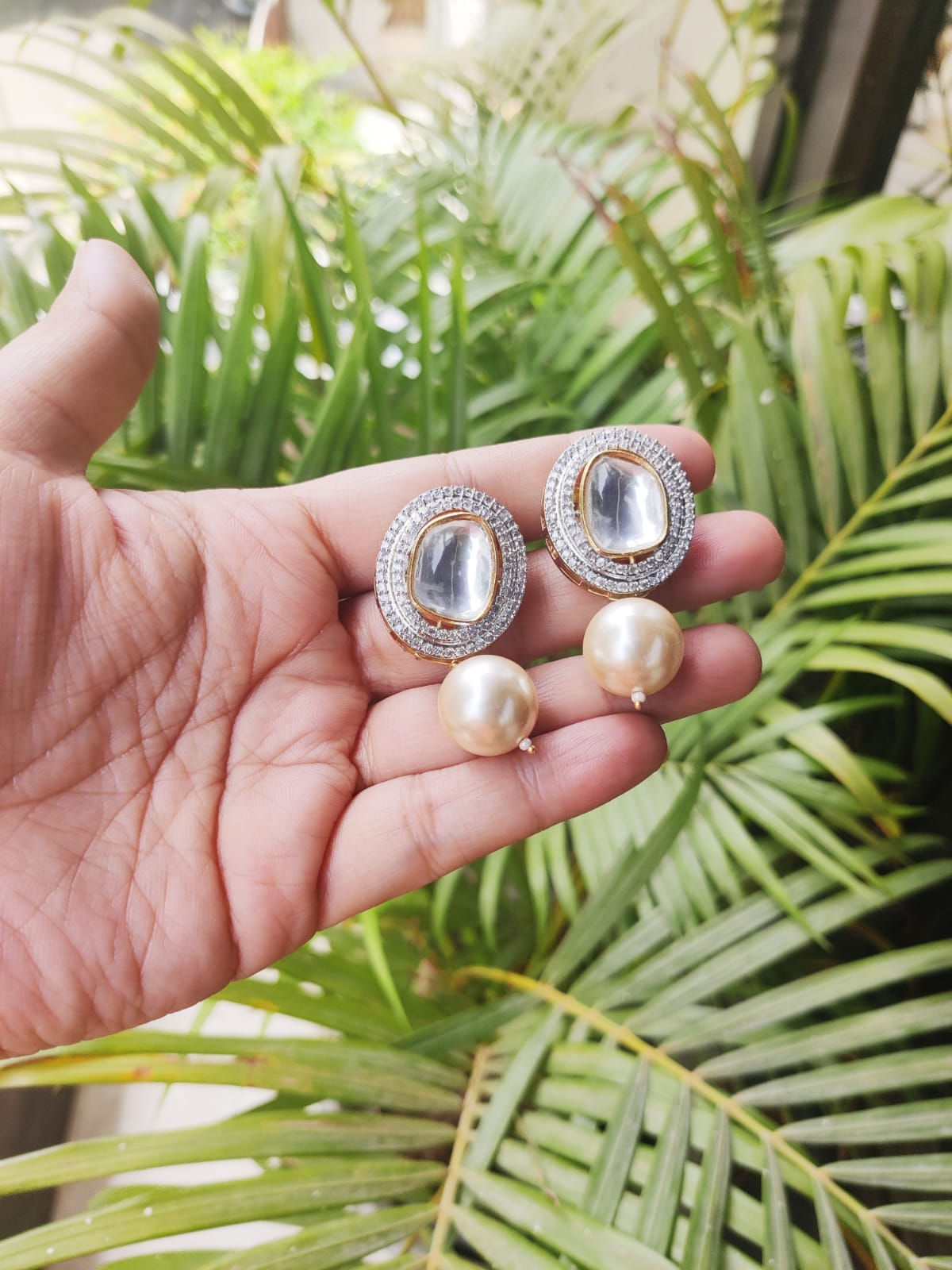 Polki Earrings With Pearl Drop