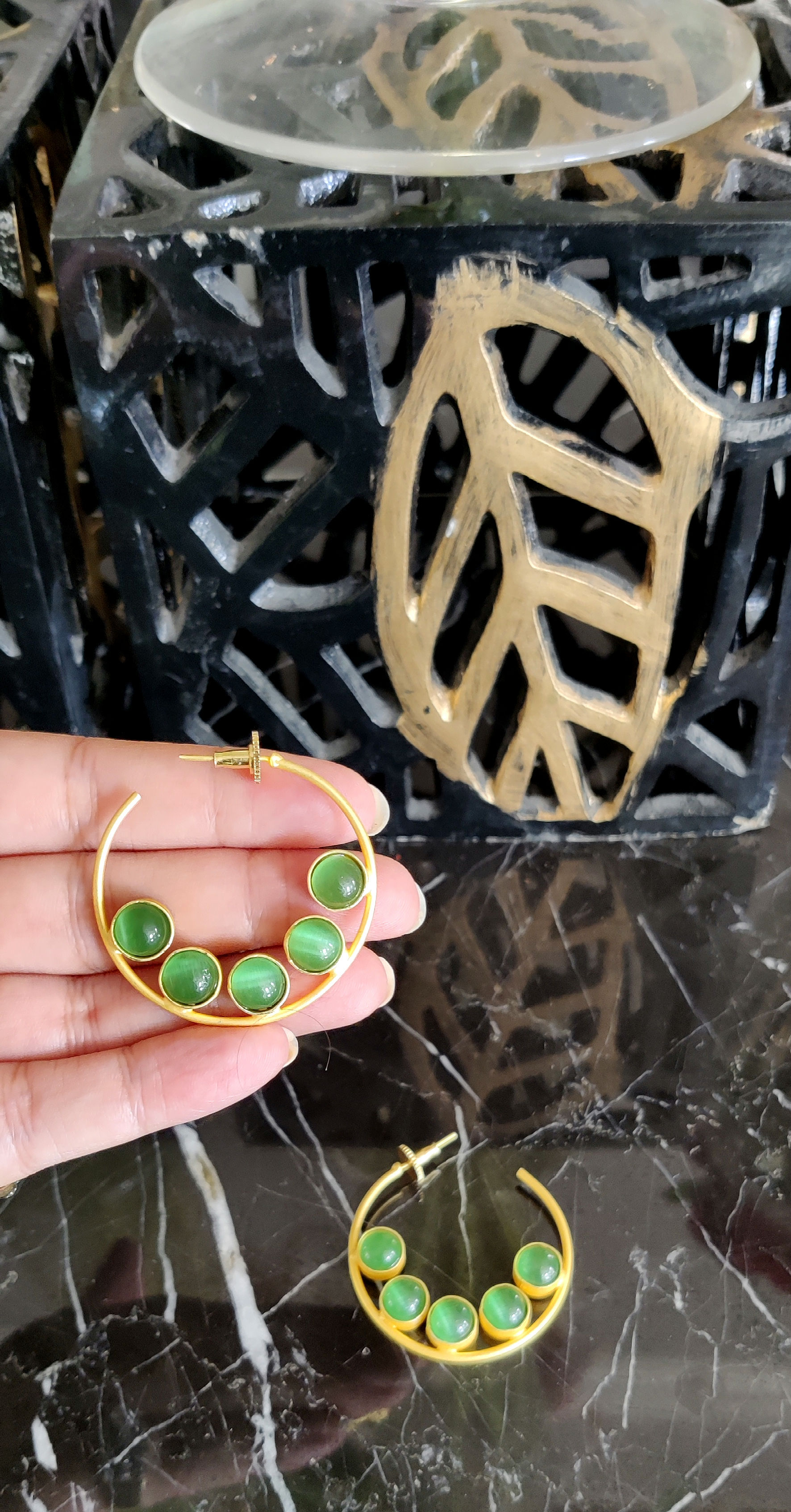 Matt Gold finish fusion earrings - Green