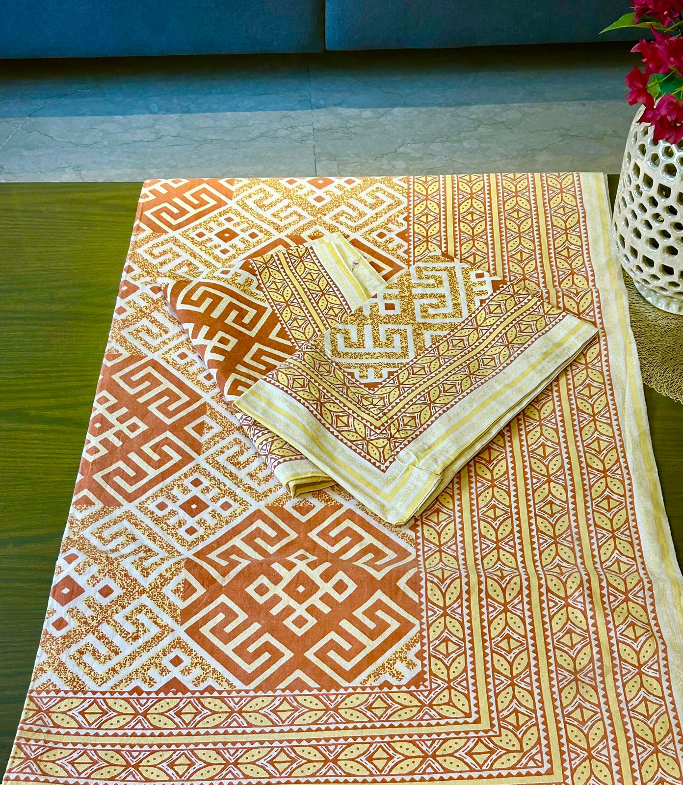 Rust and beige geometric jaal Hand block Printed Bedcover
