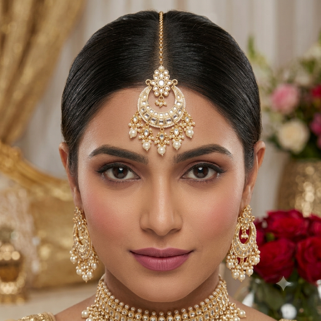 kundan maang tikka - Gold with pearl drops