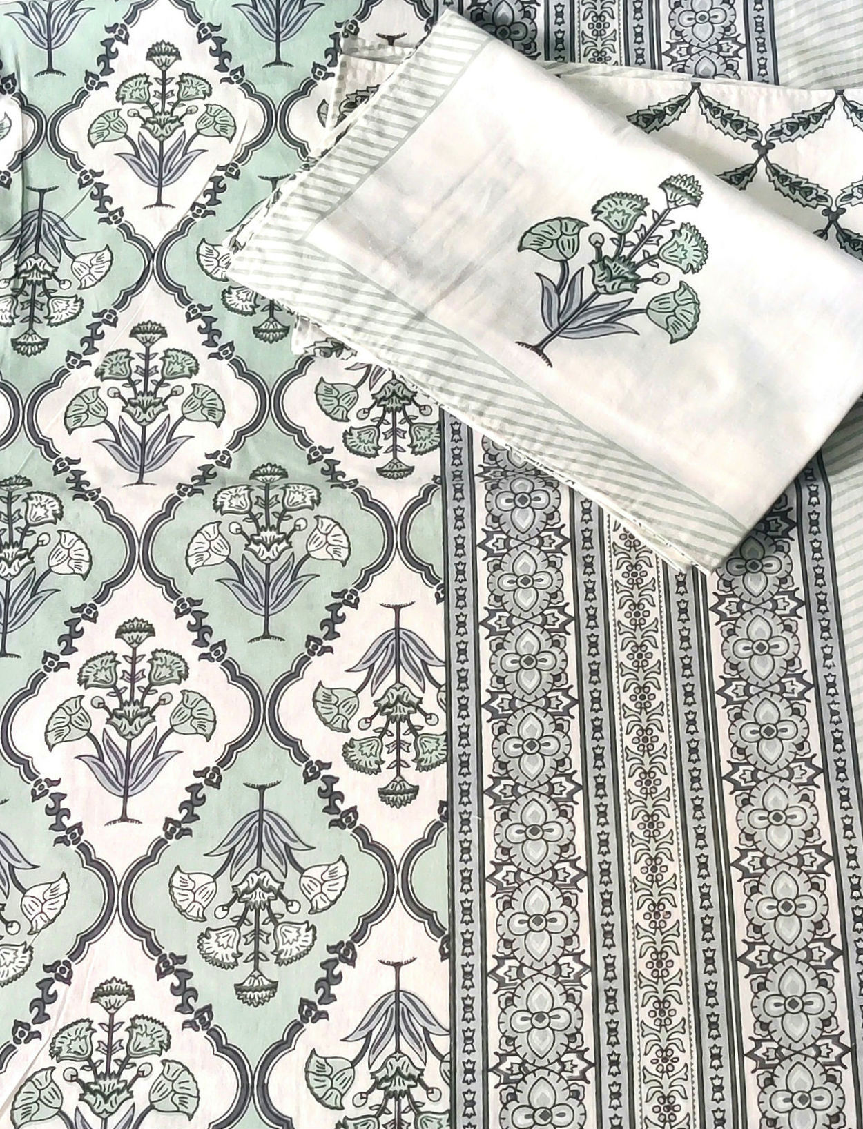 Light Blue Cotton Block Printed Bedcover