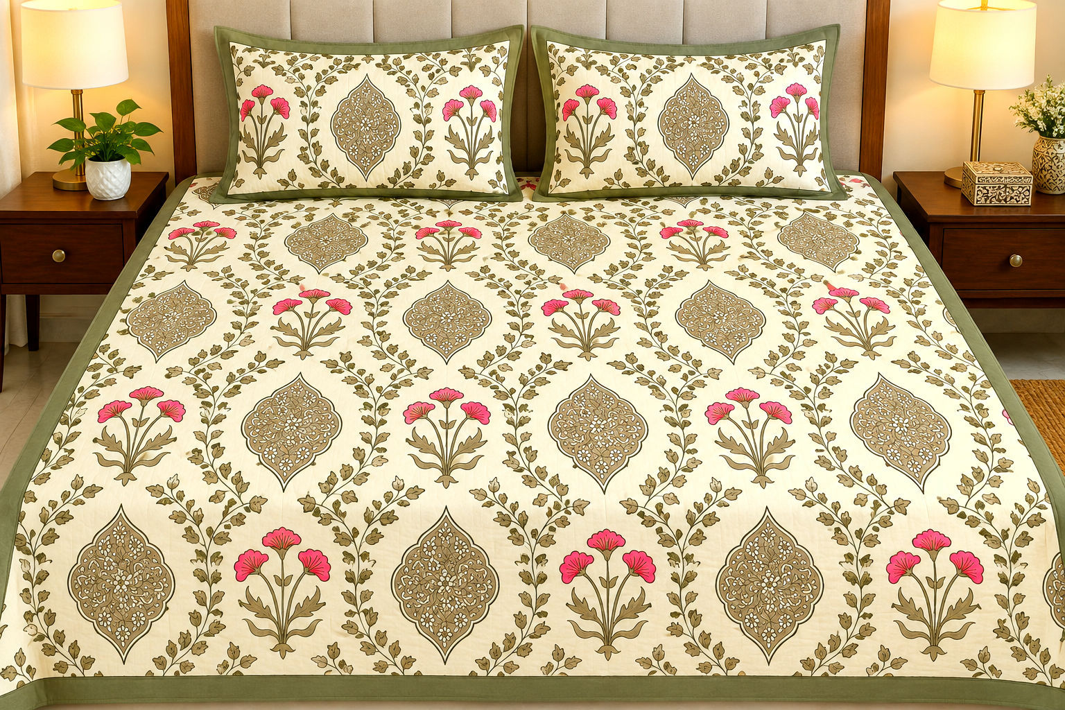 Premium jaal Hand block Printed Bedcover -super king