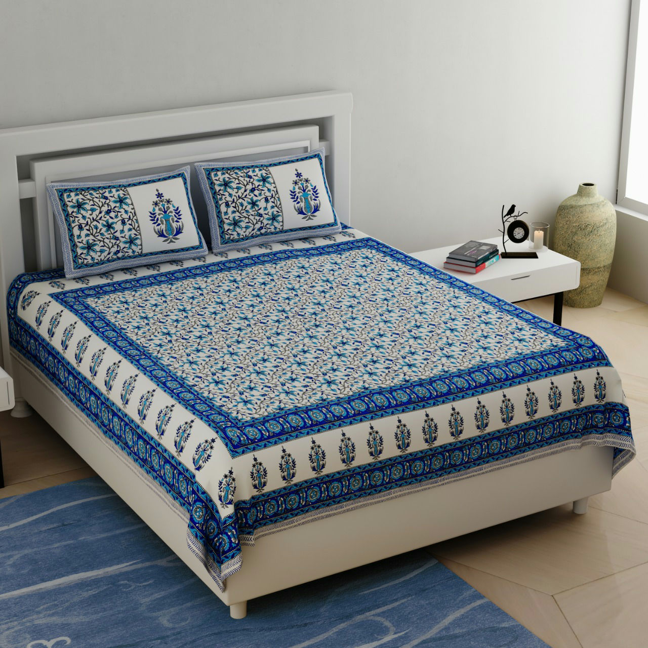 Blue Cotton Block Printed Bedcover
