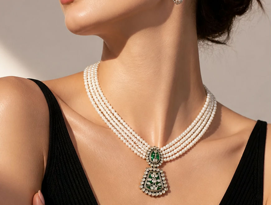 Kundan necklace set with Earrings - pearls