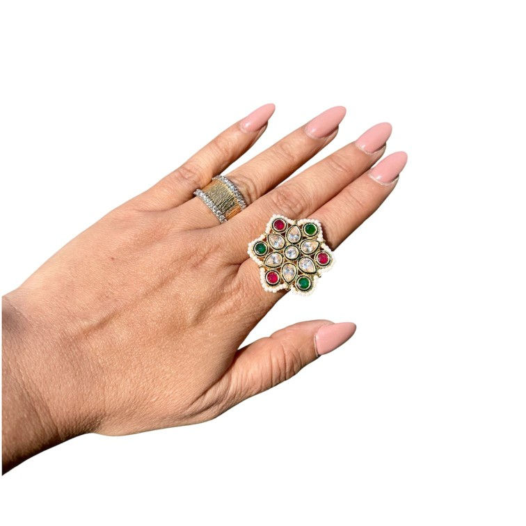 Polki ring - adjustable - red and green stone