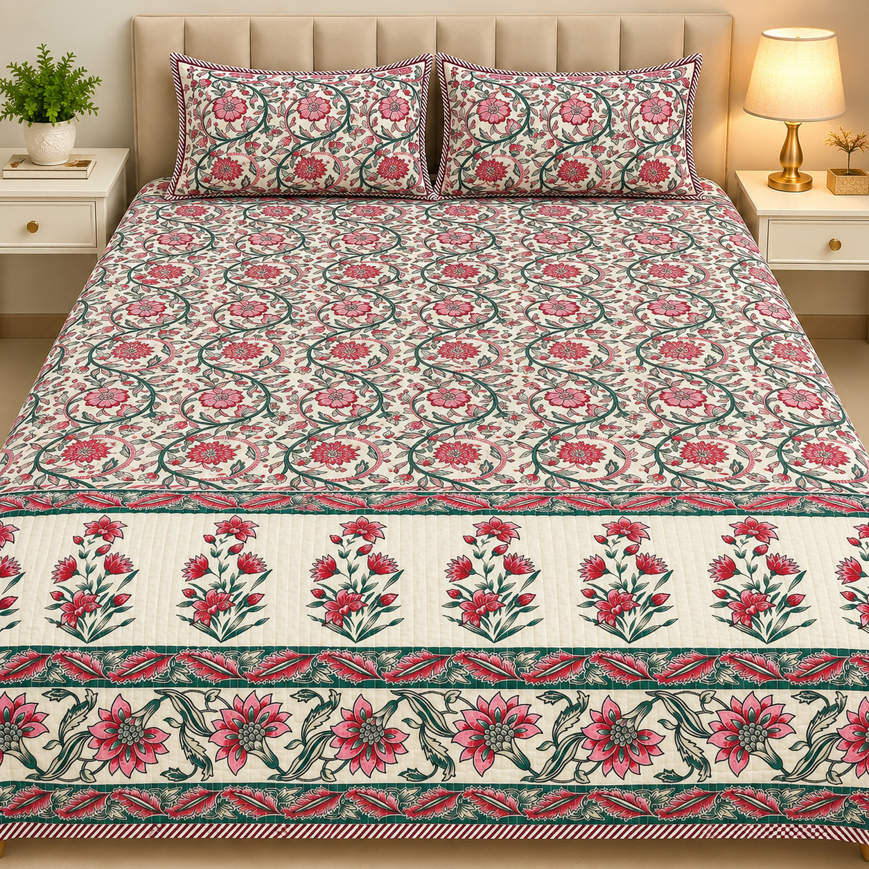 Printed Reversible Quilted Bedcover -Reversible