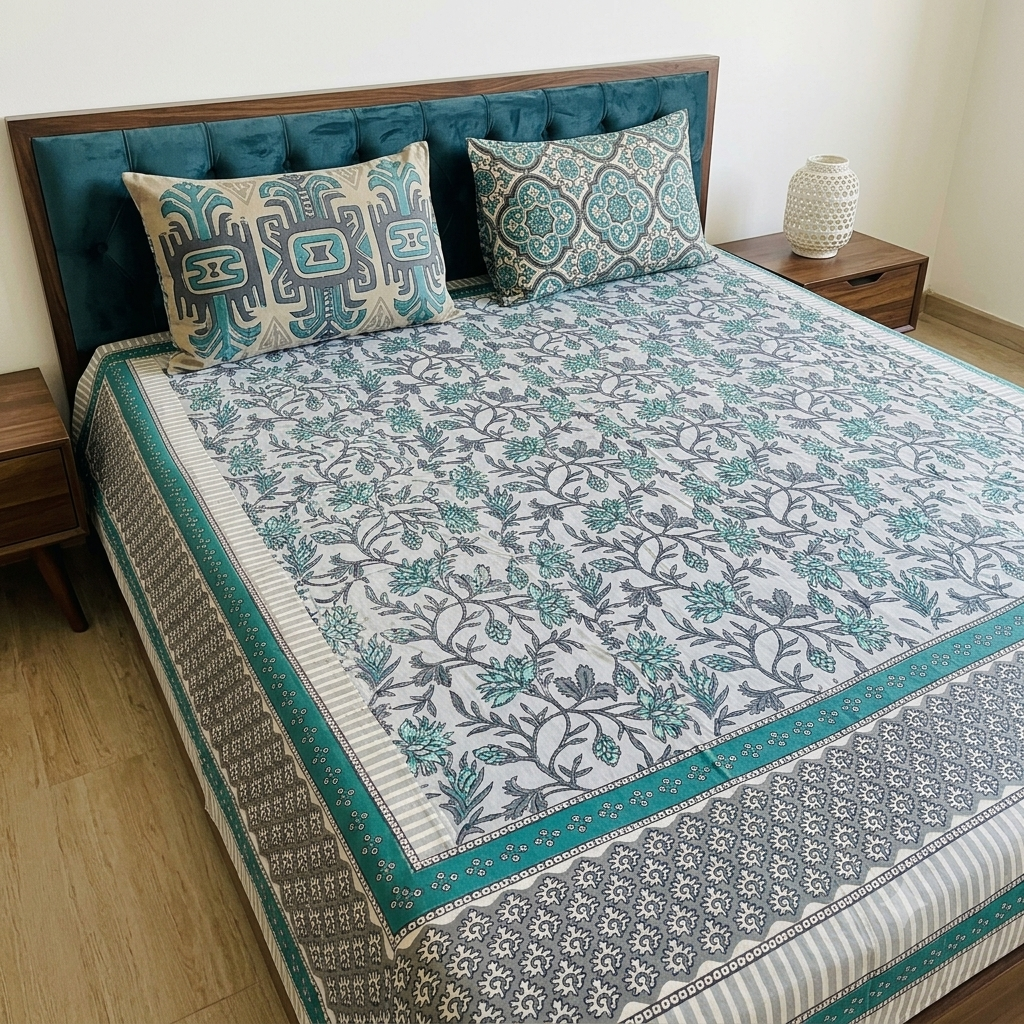 Blue jaal Hand block Printed Bedcover